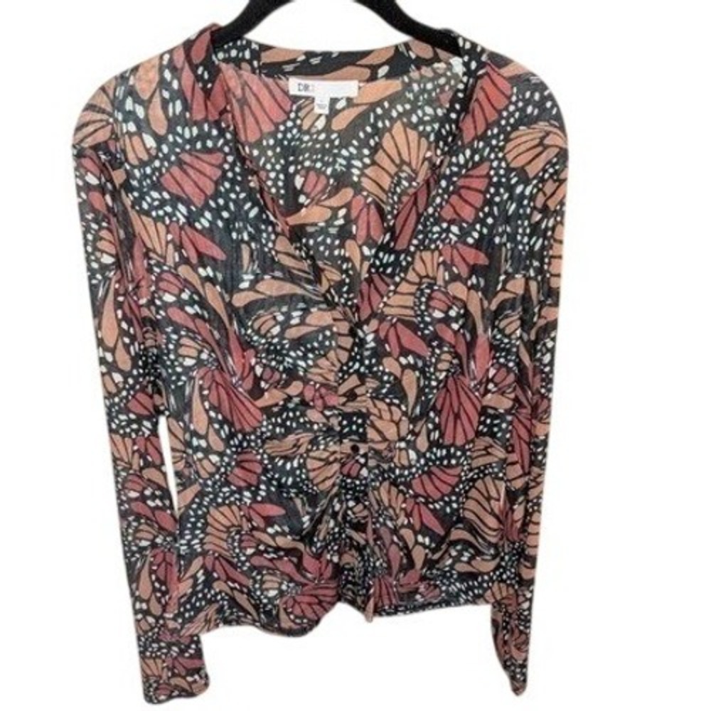 DR2 Butterfly Print Mesh Top Large Ruched Long Sleeve Sheer Whimsigoth